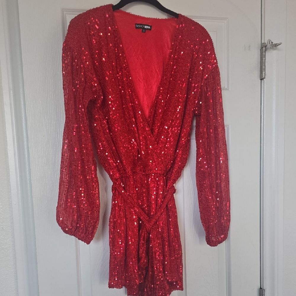 Fashion Nova Plunge Front Red Sequin Romper